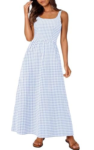 PRETTYGARDEN Women's 2026 Summer Spaghetti Strap Maxi Dresses Plaid Square Neck A Line Casual Beach Vacation Long Sundress (Light Blue,X-Large)