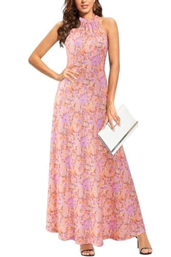 STYLEWORD Women's 2026 Summer Fashion Wedding Guest Semi Formal Maxi Dresses Halter Sundress Casual Hawaiian Long Dress(Floral-55-M)