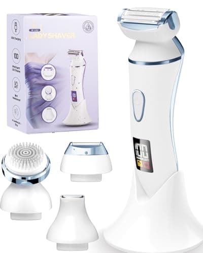 4 in 1 Electric Shaver for Women with Facial Brush, Electric Razor for Legs Underarm Pubic Hair, Bikini Trimmer IPX7 Portable Body Hair Removal, Wet & Dry Use, Rechargeable Grooming Kit, Light Blue