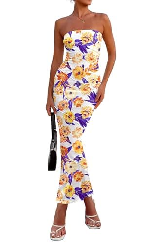 PRETTYGARDEN Women's 2026 Summer Floral Bodycon Maxi Dresses Ribbed Strapless Tube Casual Boho Party Long Dress (Floral White Yellow,Small)