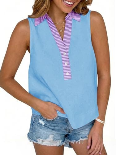 Tankaneo Womens V Neck Cropped Tank Tops Summer Dressy Casual Loose Fit Sleeveless Shirts Button Up Color Block Tees Light Blue
