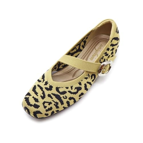 unsylvion Flats for Women Square Toe Ballet Flats with Ankle Strap Stylish Mary Jane Shoes Comfortable Casual Footwear Perfect for Everyday Wear Leopard