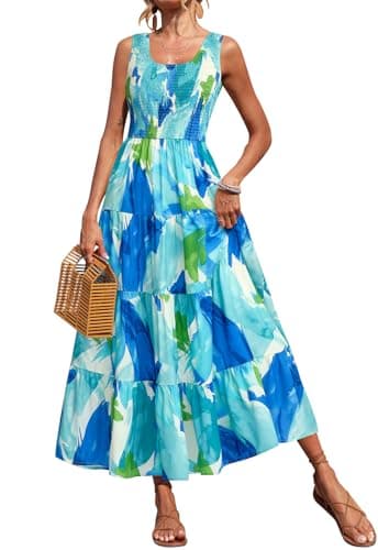 PRETTYGARDEN Elastic Straps Casual Dresses for Women Loose Maternity Dress Sleeveless Floral Beach Vacation Outfits for Women (Blue Green White Flower, XX-Large)
