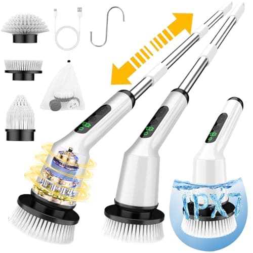 Electric Spin Scrubber for Cleaning Bathroom, Shower Scrubber Cordless Cleaning Brush with IPX7 Waterproof & 2 Speed, 3 Brush Heads, Bathroom Cleaning Supplies for Shower Tub Kitchen Tile Toilet White