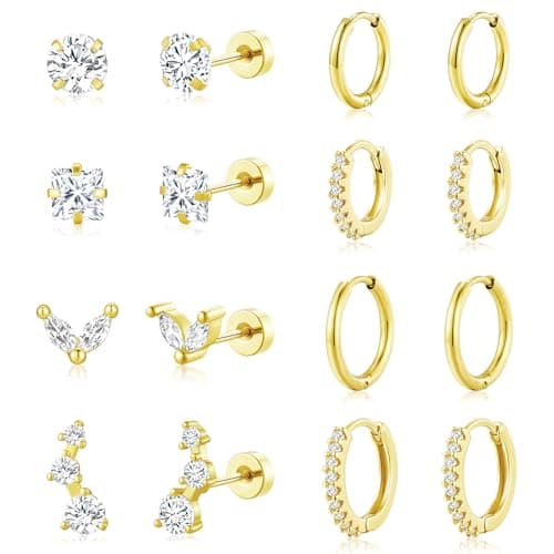 adoyi Gold Hoop Earrings Set for Women Hypoallergenic Flat Back Earrings for Sensitive Ears 14K Gold Plated Surgical Steel Studs Hoops Small Cartilage Earring Lightweight Jewelry Gifts