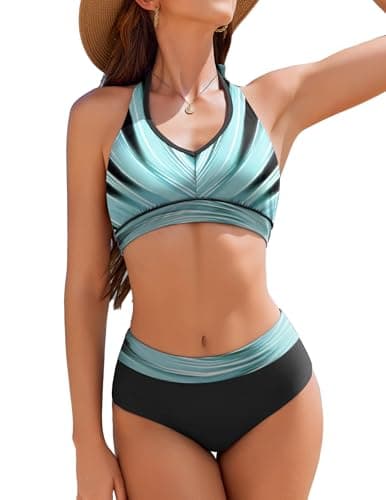AI'MAGE Bikini Sets for Women High Waisted Two Piece Bathing Suit Tummy Control Swimsuits Halter Color Block Swimwear 2025
