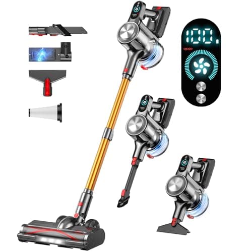 Cordless Vacuum Cleaner, 45Mins Vacuum Cleaners for Home with LED Display, Stick Vacuum Cordless Rechargeable, Wall-mounted Charging, Wireless Vacuum for Home Pet Hair, Carpet, Hardwood Floor