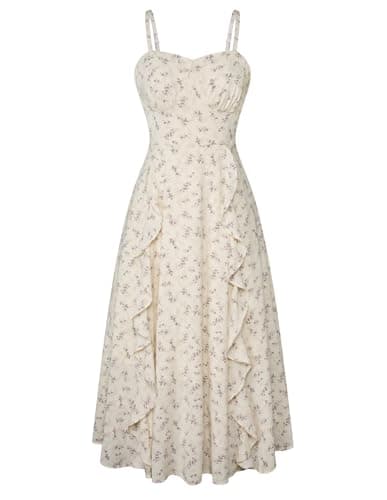 Belle Poque Flowy Smocked Back Sun Dress Midi Renaissance Cottagecore Dress Beige Purple Floral Dress for Women 2XL