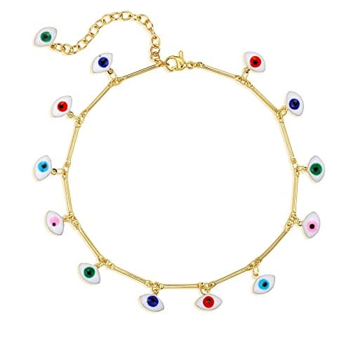 LOYATA Dainty Anklet for Women 14K Gold Plated Colorful Evil Eye Anklet Foot Chain Cute Lucky Evil Eye Foot Jewelry Boho Anklets for Women