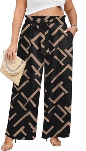 Lastshe Plus Size Pants for Women Wide Leg High Waisted Pants Casual Stretchy Summer Travel Boho Palazzo Printed Trousers, Stripe Black, 4X
