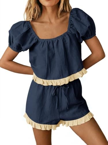 Tankaneo Womens 2 Piece Short Sets Summer Puff Sleeve Square Neck Babydoll Tops Cute Lounge Set Cotton Vacation Outfits