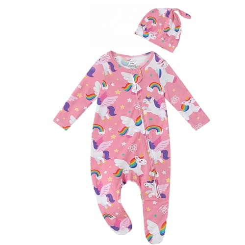 Baby One-Piece Footies Long Sleeve Rompers 2-Way Zipper, Baby Bodysuit Bamboo Clothes for Boys Girls (Unicorn, Newborn)