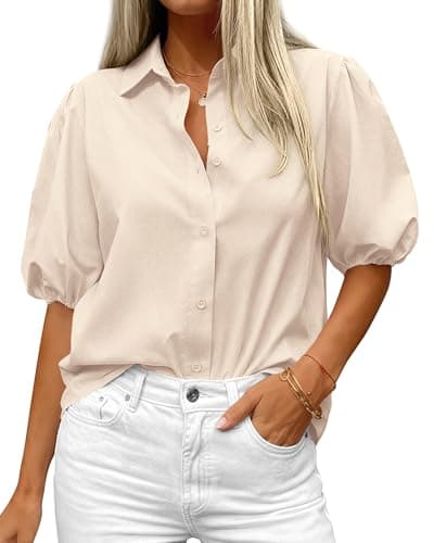BTFBM Women's Button Down Shirts Short Puff Sleeve Collared V Neck 2026 Summer Tops Dressy Casual Work Business Blouses(Beige, Medium)