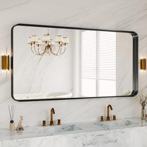 60X30 Inch Black Metal Framed Bathroom Mirror for Wall, Large Matte Vanity Rounded Rectangle Mirrors for Over Sink Wall, Modern Decorative for Restroom, Farmhouse, Horizontally or Vertically Hanging