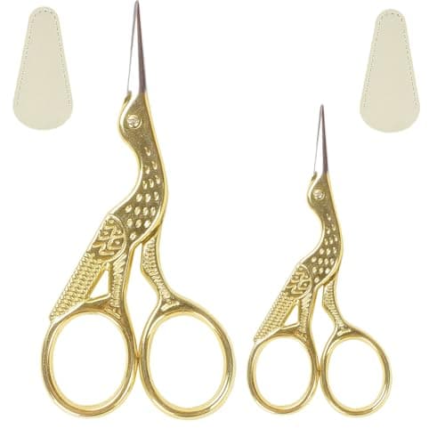 2PCS Gold Vintage Stork Embroidery Scissors, Premium Stainless Steel Sharp Bird Sewing Shears with 2 Leather Covers