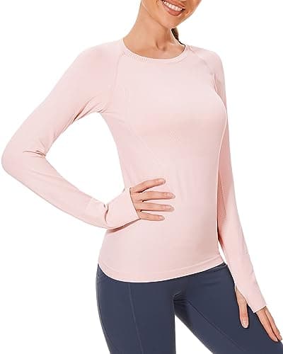 Stelle Womens Seamless Workout Top Yoga Athletic Shirt with Thumb Hole Breathable for Sports Running (Ballet Pink, L)