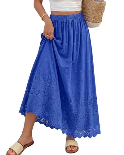 dowerme Women Summer Maxi Skirt Cute Elastic High Waist Boho Eyelet A-Line Cotton Flwoy Long Skirts Spring Clothes 2026(Blue,X-Large)