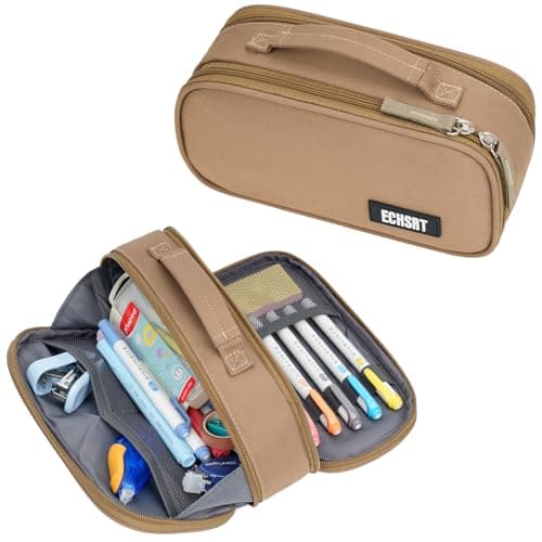 ECHSRT Tactical Pencil Case for Boy, Extra Large Capacity Camo Pencil Pouch for Men Adults, 3 Compartment Zipper Pen Case, Small Tool Bag Organizer for School Office Travel - Brown