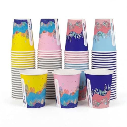Biotakeware 100 Pcs 12oz Paper Cups for Kids, 4 Unique Ocean Theme Designs, Disposable Bulk Hot & Cold Drinking Coffee Cups for Birthday Parties, Holidays, Picnics, Travel and Special Events