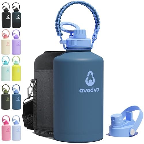 avodvo 1 Gallon Water Bottle with 2 Lids (2-in-1 Straw & Spout Lid, Magnetic Lid), Insulated Water Bottle with Strap, Stainless Steel Water Bottle for Hiking, Gym, Travel, BPA-Free, Dark Blue
