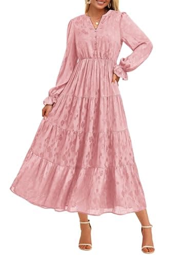 KIRUNDO Spring Wedding Guest Dresses for Women 2026 Maxi Floral Long Sleeve Elegant Ruffle Tiered Flowy Party Long Dress(Pink, Medium)