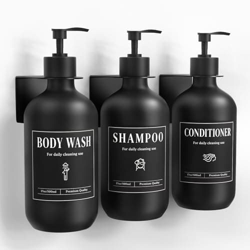 Luxspire Shampoo and Conditioner Bottles, 500ml Shampoo and Conditioner Dispenser, Shower Soap Dispenser Wall Mounted Plastic Bottles Bamboo Pump, Black 3 Sets for Bathroom, Shower Wall and Hotel