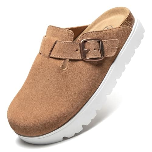 Brelzo Calvior Women's Platform Suede Clogs Slip-On Mules Non-Slip Potato Shoes Sandals with Arch Support Adjustable Buckle Chestnut