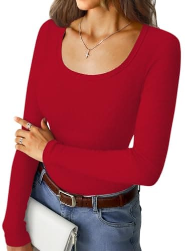 GKBK Ribbed Long Sleeve Tops for Women Scoop Neck Fitted Basic Tight T-Shirts Cute Layering Tops Lightweight Fall Sweaters 2025 Fashion Outfits Winter Clothes Red