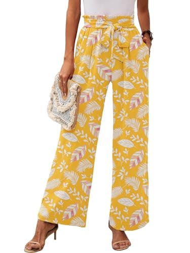 Heymoments Women's Wide Leg Lounge Pants with Pockets Floral Print Medium Lightweight High Waisted Adjustable Tie Knot Loose Comfy Casual Trousers