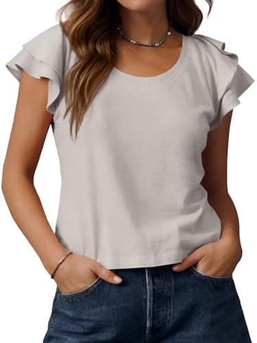 UNCLECAT Womens Scoop Neck Summer Tops 2026 Ruffle Sleeve T Shirts Basic Casual Blouses Apricot