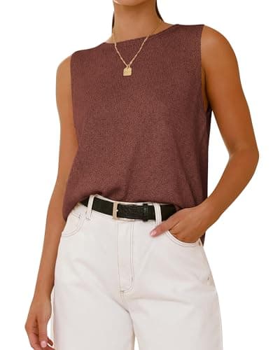 BTFBM Sleeveless Sweater Tops for Women 2026 Crew Neck Lightweight Casual Loose Tank Summer Outfits Fashion Clothing(Light Brown, Small)