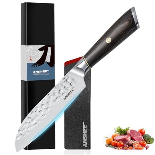 anshee 5 Inch Japanese Santoku Knife & Paring Knife - Hammered Anti-Stick High Carbon Steel Chef Knives, Ergonomic Handle for Fruits/Tomatoes/Meat with Sheath & Gift Box (Home & Professional Chefs)