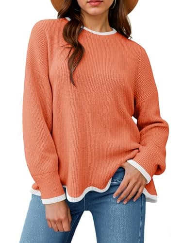Saodimallsu Womens Burnt Orange Pullover Sweaters Crewneck KnitJumpers with Wave Hem Long Sleeve Trendy Sweater Tops