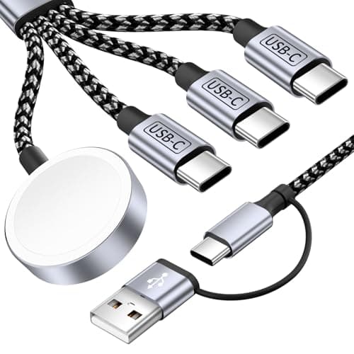 4 in 2 Charging Cable for Apple iWatch Charger with 3 Type-C Ports, Travel Essentials USB C Splitter Multi Charging Cable/Cord for iWatch Ultra/SE/10-1, iPhone17 16 15 14, Android, More -1Pack 5FT