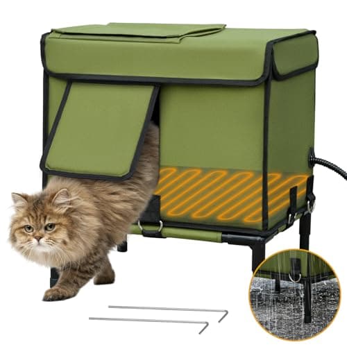 Palopalo Dewproof Heated Cat House for Outdoor Winter, Insulated Discreet Pet Shelter with Waterproof Heating Pad & Escape Door for Feral, Stray, Barn Kitty Cats (Army Green, 16.5"x12.5"x17.7")