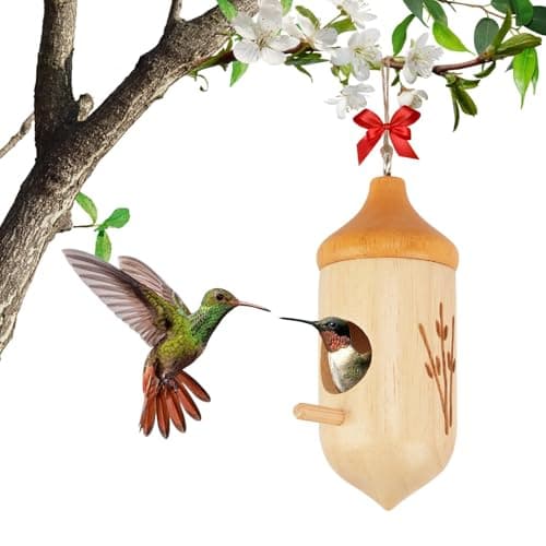 Hummingbird House, Small Wooden Hummingbird House for Outdoors, Cute Bird House with Bow & Hanging String, Garden Decor & Gift