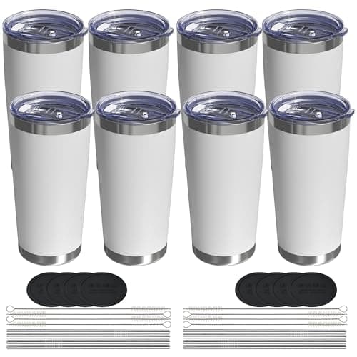 UIRZOTN Travel Coffee Tumbler 20oz, 8 Pack Leakproof Travel Coffee Mug with Lid and Straw, Stainless Steel Double Wall Vacuum Insulated Tumbler for Hot/Iced Drinks (Textured Matte, White)