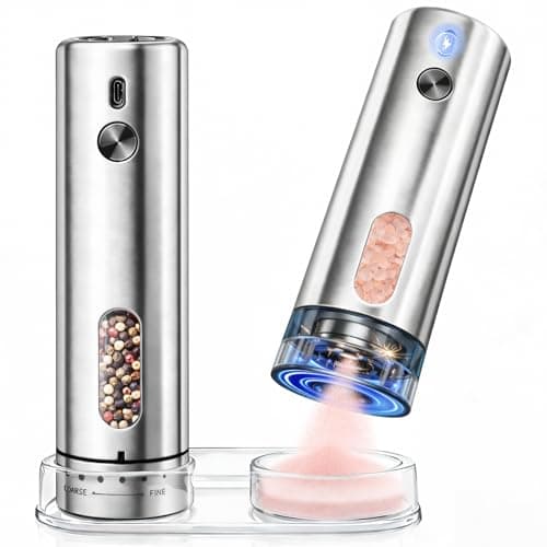 Electric Salt and Pepper Grinder Set, Rechargeable Automatic Salt and Pepper Shakers Mills, 110ml Large Capacity, Stainless Steel, Adjustable Coarseness, LED Light & Base, Ideal for Kitchen & Gifts