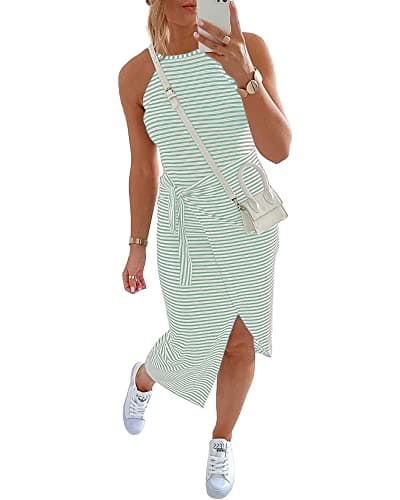 NOLLSOM Women Casual Sleeveless Striped Tank Midi Dresses Halter Neck Ruched Bodycon DressesTie Waist T Shirt Summer Dress (Large, Striped Light Green)