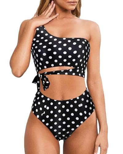 MOOSLOVER Women One Shoulder High Waisted Bikini Tie High Cut Two Piece Swimsuits(M,Black White Polka Dot)