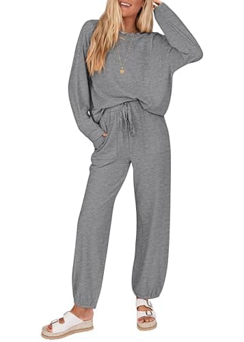 KIRUNDO Lounge Sets for Women 2026 Spring Airport Travel Outfits Ribbed Knit Tops Jogger Pants Tracksuit Postpartum Comfy Set(Grey, X-Large)