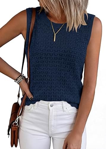 KIRUNDO Sweater Vest Women Crochet Tank Tops 2026 Spring Summer Sleeveless Knit Pullover Beach Cover Up Vacation Outfits (Navy, Large)