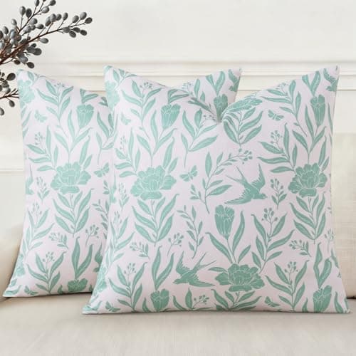 decorUhome Floral Throw Pillow Covers 18x18 Inch Set of 2, Aqua Vintage Block Print Linen Spring Pillow Covers, Rustic Neutral Toile Farmhouse Decorative Square Pillowcases for Couch Sofa