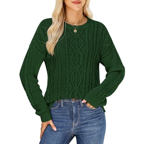 QIANSIQIANBO Women's Cable Knit Sweaters Oversized Crewneck Sweater Long Sleeve Cozy Pullover Top Business Casual Fall Clothes (L) Green