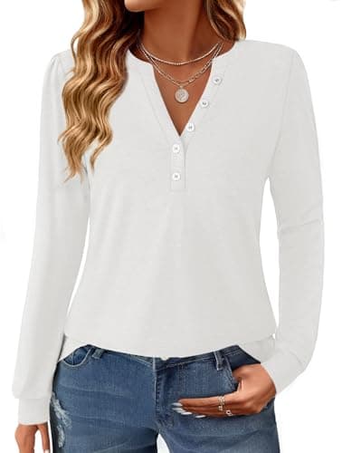 GKBK Women's Puff Long Sleeve Tunic V Neck Button Blouses Fall Tops Trendy Dressy Casual Business Henley Shirts White M