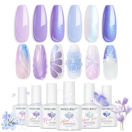 modelones Gel Nail Polish Set, 6 Colors White Blue Shimmer Violet Mermaid Hema Free Purple Glitter Periwinkle Nails Soak Off Led Nail Gel Polish for Women Girl DIY Spring Nail Art Gift