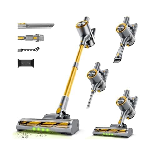 Shieal Cordless Stick Vacuum Cleaner - 45KPA Powerful Suction Vacuum with 45 Min Runtime, Detachable Battery, Anti-Tangle & 1.5L Dust Cup, 8 in 1 Vacuum Cleaner for Pet Hair, Carpet, HardFloor, Yellow