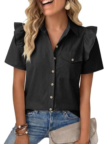 Cicy Bell Womens Ruffle Button Down Shirts Dressy Casual Short Puff Sleeve Cotton Tops Summer Loose Fit V Neck Blouses Black
