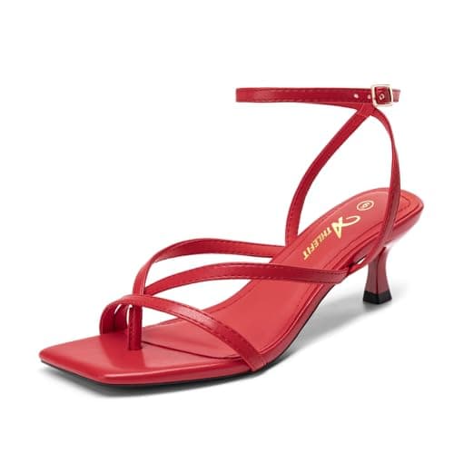 Athlefit Red Kitten Heels for Women Strappy Open Square Toe Low Heels Ankle Strap Buckle Party Dress Thong Heeled Sandals Size 10