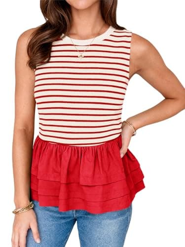 Tankaneo Womens Summer Striped Peplum Tank Tops Casual Crew Neck Sleeveless Shirts Color Block Loose Fit Ruffle Blouse Red